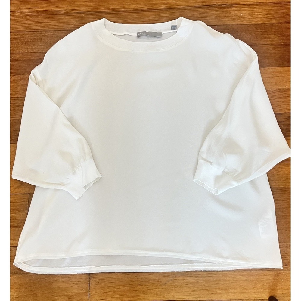 Vince White Silk Blend Ribbed Trim Crew Neck Blouse Top XS